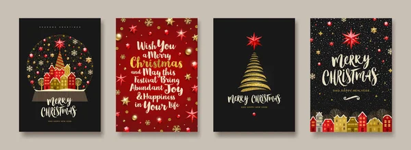 Conjunto Natal Ano Novo Cartão Saudação Fundo Com Árvore Natal — Vetor de Stock
