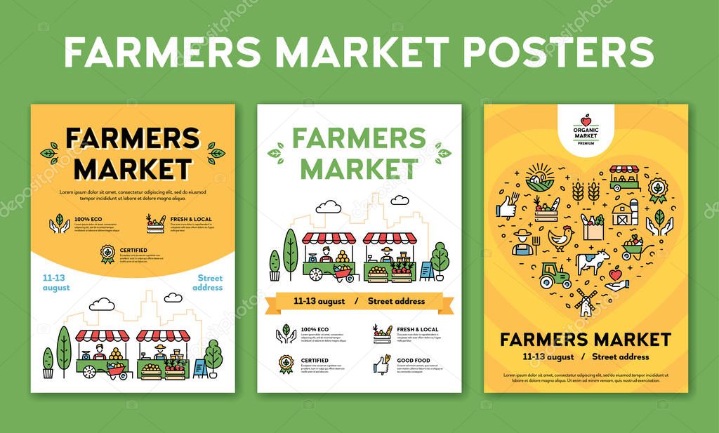 Farmers Market Design Poster Set Vector Local Farm Event Backgrounds With Place For Text City Food Festival Illustrations With Organic Products Line Healthy Fruit And Vegetable Shop Banner Template Premium Vector