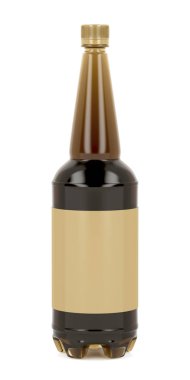 Beyaz arka plan üzerinde boş etiket büyük plastik bira şişesiyle