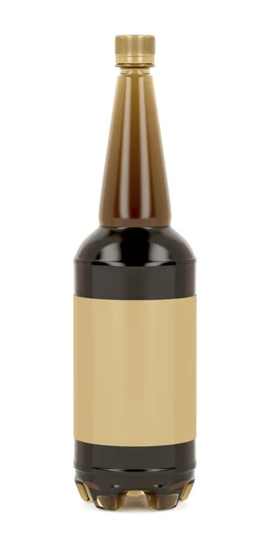 Frasco Cerveja Plástico Grande Com Etiqueta Branco Fundo Branco — Fotografia de Stock