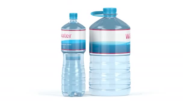 Botellas Agua Con Diferentes Tamaños Sobre Fondo Blanco — Vídeo de stock