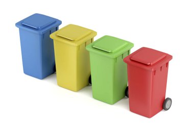 Çok renkli plastik geri dönüşüm kutuları beyaz arka plan üzerinde