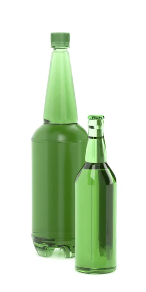 白い背景の上にプラスチックやガラスのビール瓶 — ストック写真