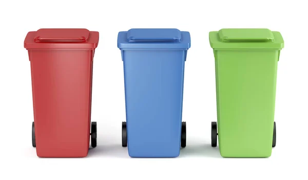 白色背景上的红色 蓝色和绿色塑料垃圾箱 — 图库照片