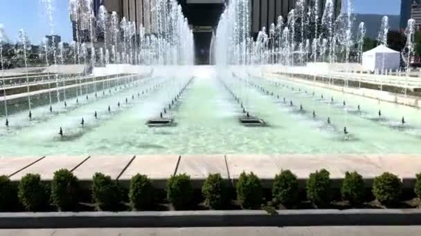 SOFIA, BULGARIA - MAY 29, 2018: Fountains in front of the National Palace of Culture (NDK) building, the largest multifunctional conference and exhibition centre in south-eastern Europe located in Sofia, Bulgaria