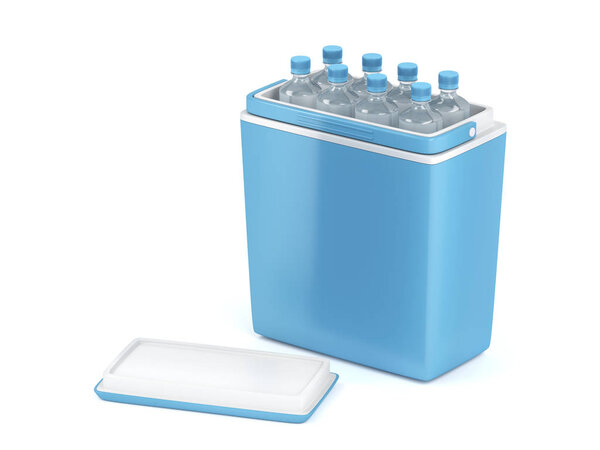 Blue cooling box with bottles on white background 