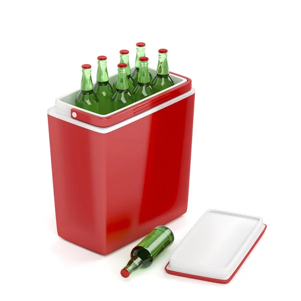 Caixa Refrigeração Vermelha Com Garrafas Cerveja Fundo Branco — Fotografia de Stock