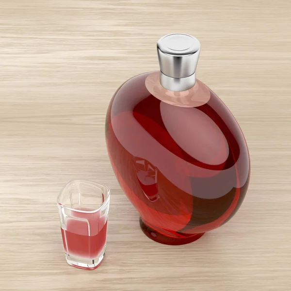 Rote Likörflasche Und Ein Glas Auf Holzhintergrund — Stockfoto