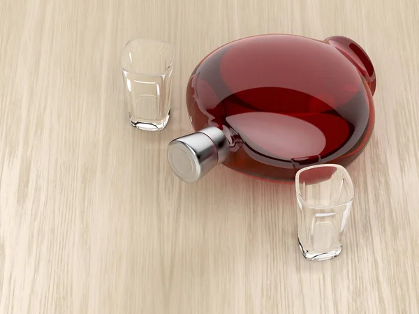 Red Liqueur Bottle Two Empty Glasses Wood Table — Stock Photo, Image