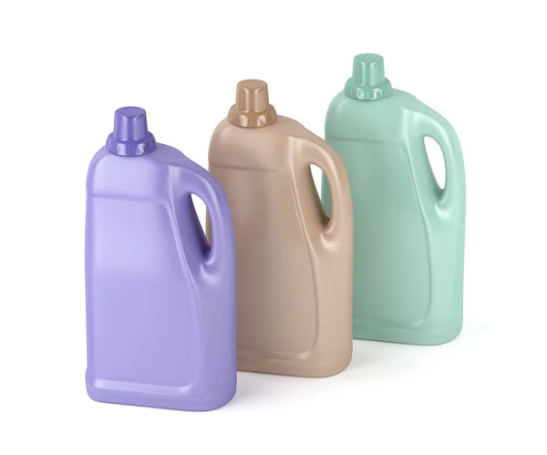 Drie Plastic Flessen Voor Vloeibaar Wasmiddel Met Verschillende Kleuren — Stockfoto