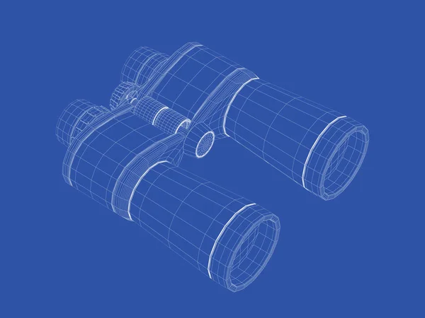 蓝色背景下的3D 双筒望远镜线框模型 — 图库照片