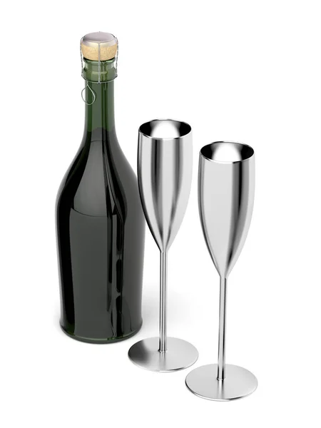 Pair Silver Champagne Flutes Bottle White Background — Stock Photo, Image