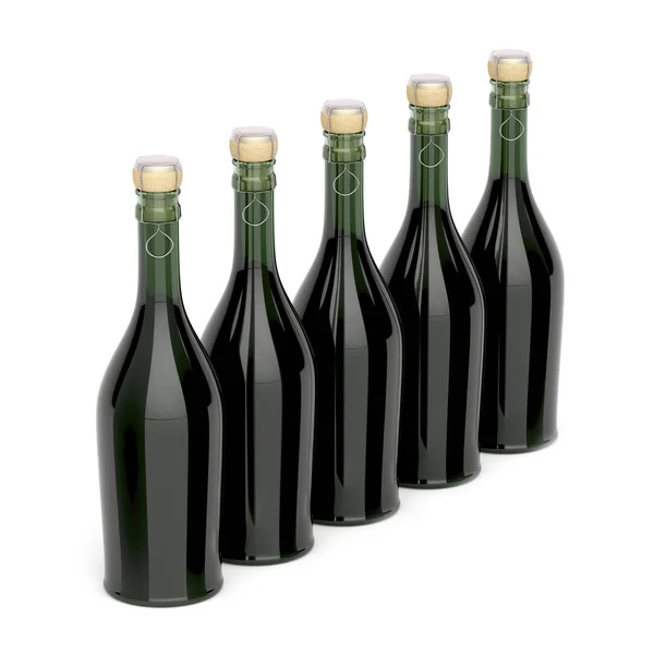 Reihe Mit Champagnerflaschen Auf Weißem Hintergrund — Stockfoto