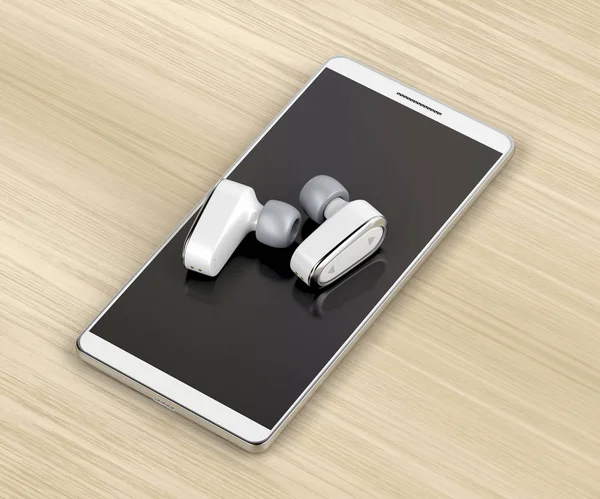 Witte Draadloze Ear Koptelefoon Smartphone Houten Tafel — Stockfoto