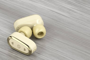 Ahşap masa, 3d çizim üzerinde kablosuz kulak içi kulaklıklar