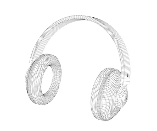 白い背景に大きな耳の上のヘッドフォンの3Dワイヤーフレームモデル — ストック写真