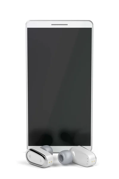 スマートフォンやワイヤレス インイヤーのイヤホンを背景にホワイト — ストック写真