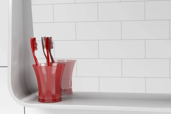 Espelho Banheiro Duas Escovas Dentes Vermelhas Close — Fotografia de Stock