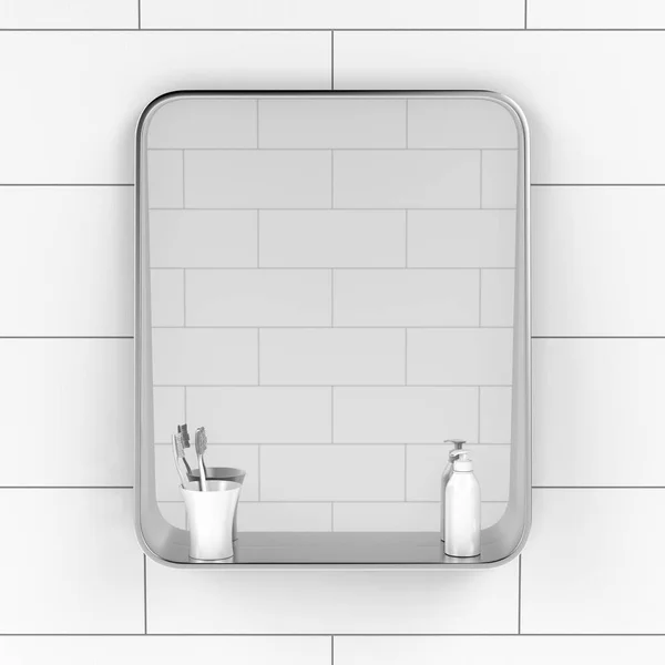 Koupelnové Zrcátko Dvěma Zubními Kartáčky Lahvičkou Tekutého Mýdla Dlážděné Stěně — Stock fotografie