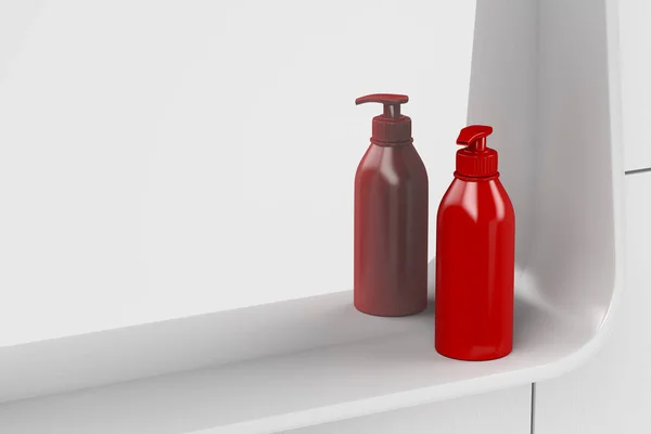 Bottiglia Sapone Liquido Rosso Sullo Specchio Bagno — Foto Stock
