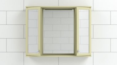 Banyodaki fayanslı duvardaki ayna dolabı.