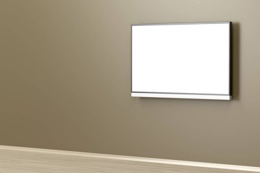 Düz ekran tv ile kahverengi duvarda beyaz boş perde