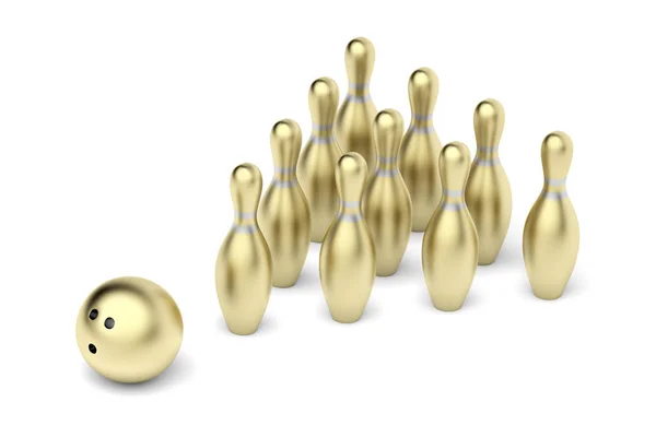 Gold bowling pins and ball — Stock Photo, Image