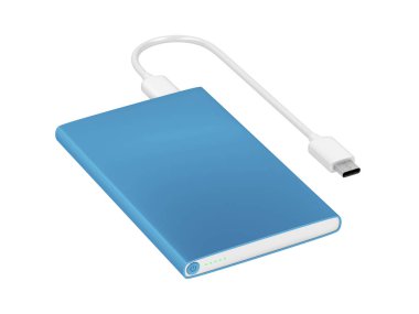 USB-C kablosu olan mavi güç bankası
