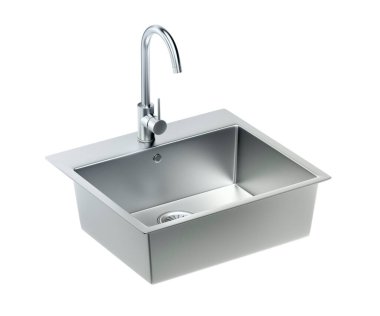 Beyaz arka planda gümüş lavabo ve musluk izole edilmiş.