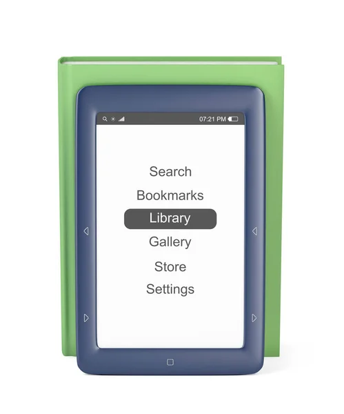 Lector Azul Libros Electrónicos Libro Verde Sobre Fondo Blanco — Foto de Stock