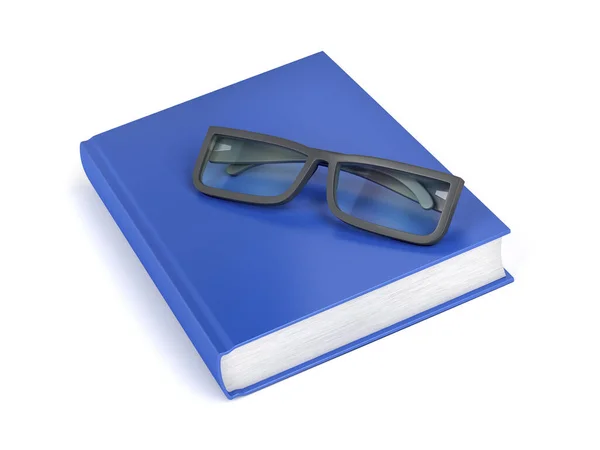 Libro Blu Bicchieri Sfondo Bianco — Foto Stock