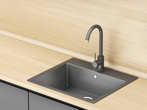 Moderne Küche Mit Schwarzem Wasserhahn Und Verbundspüle — Stockfoto