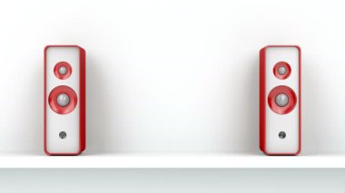 Beyaz rafta kırmızı stereo hoparlörler, ön manzara.