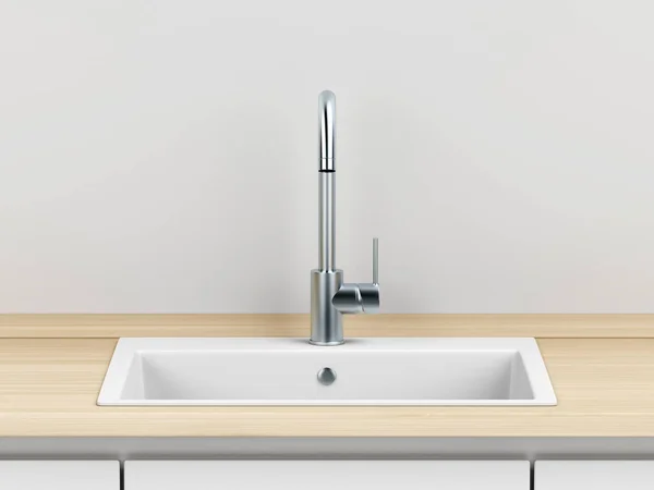 Moderner Silberner Wasserhahn Und Weiße Verbundspüle Der Küche — Stockfoto