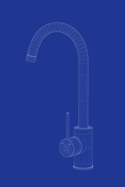 青の背景にキッチン蛇口の3Dワイヤーフレームモデル — ストック写真