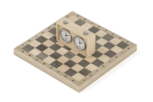 Wooden Chess Board Analog Chess Clock White Background — Stock Photo, Image