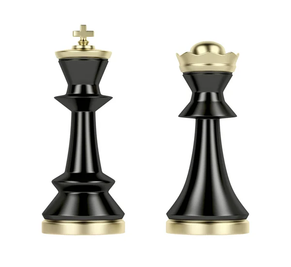 Zwarte Koningin Koning Schaakstukken Witte Achtergrond Vooraanzicht — Stockfoto