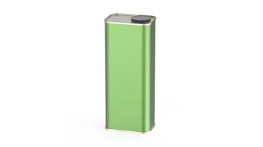 Beyaz arka planda zeytinyağı, motor yağı veya diğer sıvılar için yeşil boş kare teneke kutu