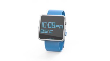 Silver square smart watch with blue rubber strap on white background
