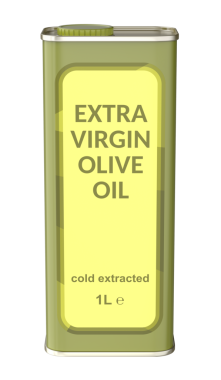 Front view of extra virgin olive oil tin can on transparent background