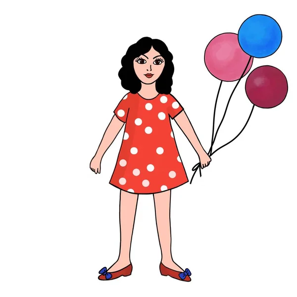 Menina Vestido Vermelho Com Três Balões — Fotografia de Stock