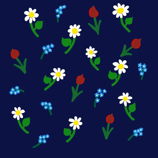 Koyu Mavi Arka Planda Çiçek Deseni — Stok fotoğraf