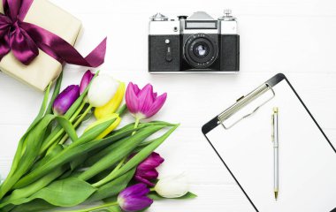  beyaz arkaplanda çiçekler ve kamera