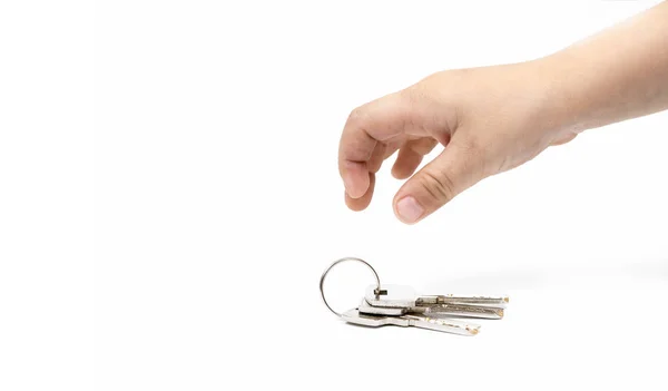 Hand Eines Kindes Und Schlüssel Auf Weißem Hintergrund — Stockfoto