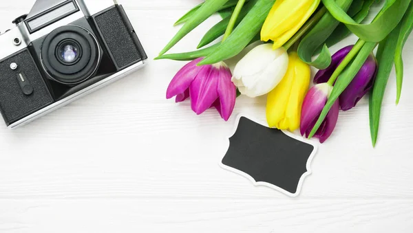 flowers  and camera on a white background