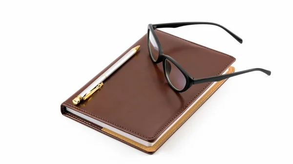 Notepad Pen Glasses White Background — Stock Photo, Image