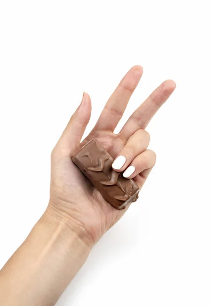 Female Hand Holds Chocolate Bar White Backgroun — Stock Photo, Image