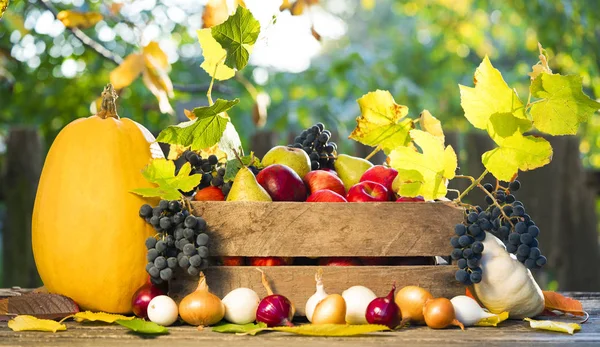 木の背景にりんごと梨と野菜の入った箱 — ストック写真