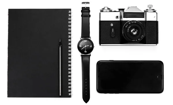 Black Clock Black Pencil Notebook Camera Phone White Background — Stock Photo, Image