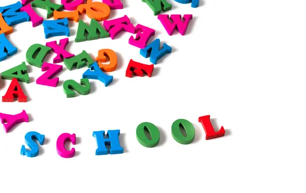 Multicolored English Alphabet Letters School Supplieson White Background — Stock Photo, Image